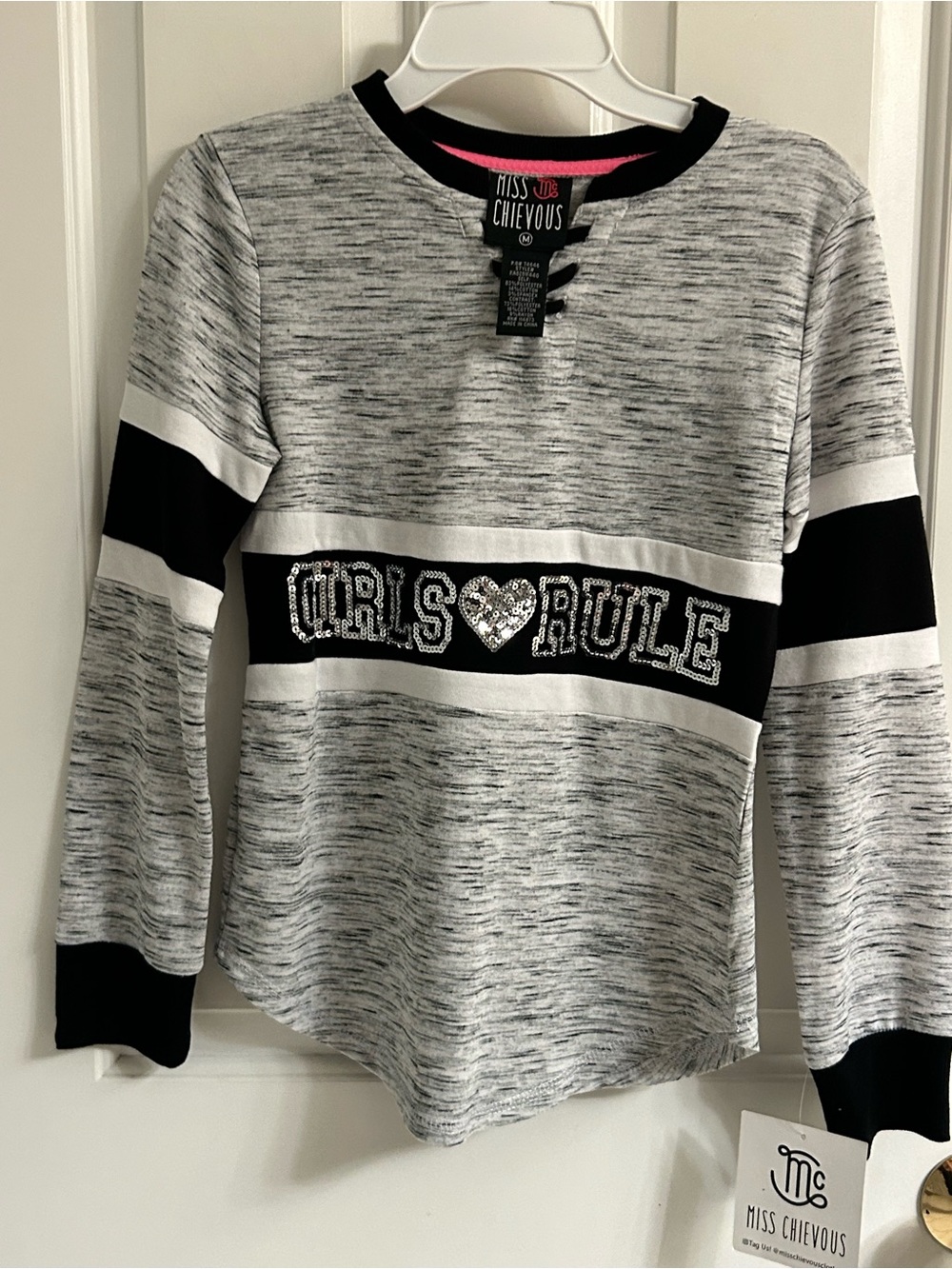 NWT-Girls Miss Chievous Gray, Black & White 'Girls Rule' Long Sleeve Sweatshirt